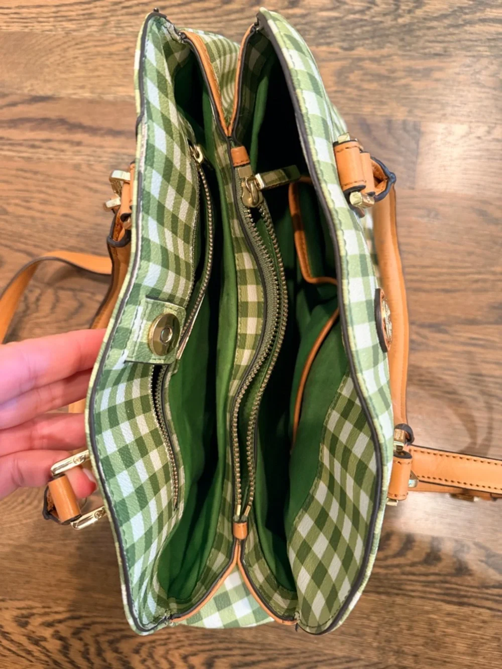 Tory Burch Kerrington Gingham Plaid Dome Tote Leaf Green VGUC - Picture 3 of 7